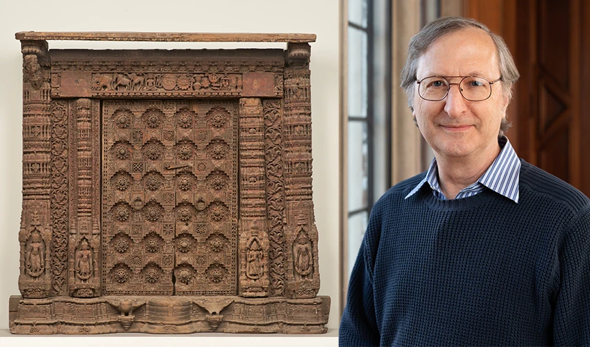 diptych of an image of a Jain shrine on the left and on the right headshot of a scholar with short gray hair and glasses wearing a dark sweater over a collared shirt